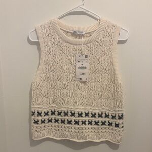 Zara Cream Crochet Knit Vest with Black Embroidered Band